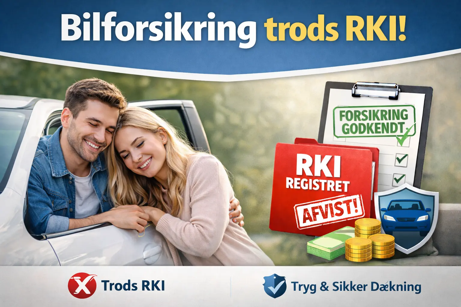 Illustration til artiklen om bilforsikring trods RKI-registrering – sådan får du styr på ansvarsforsikring, kontraheringspligt og kasko som RKI-registreret.