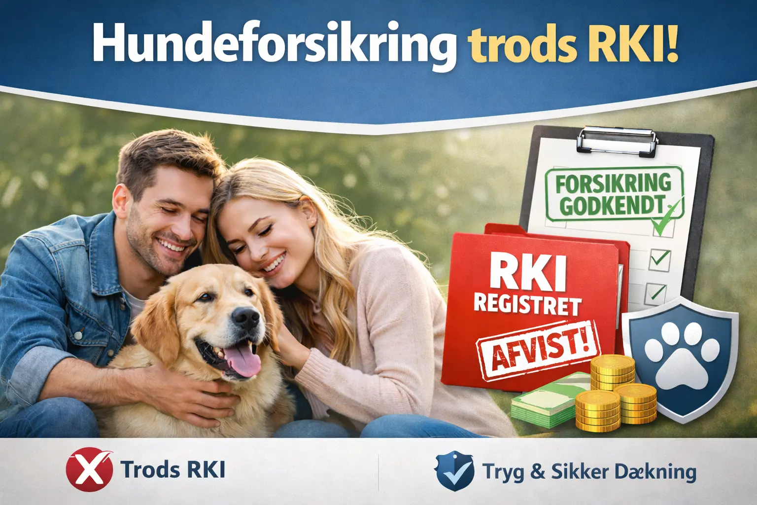 Illustration til artiklen om hundeforsikring trods RKI-registrering – sådan får du styr på hundeansvarsforsikring og hundesygeforsikring som RKI-registreret.